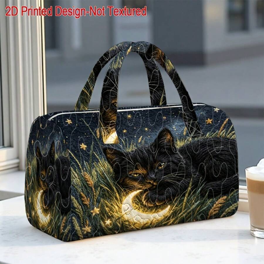 1pc Cat Moon Quilted Tote Travel Bag, Suitable As Holiday Gift For Women, Portable Storage Organizer, Ideal For Weekend Trips, 2D Flat Print Design - No Texture - Multicolor - View 1