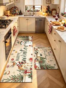 1/2pcs Christmas Kitchen Decor Rug, Christmas Reindeer Pattern Winter Kitchen Rug And Mat, Non-Slip Washable Absorbent Kitchen Accessories Decor Rug, Christmas Holiday Gift! - Multicolor - View 2