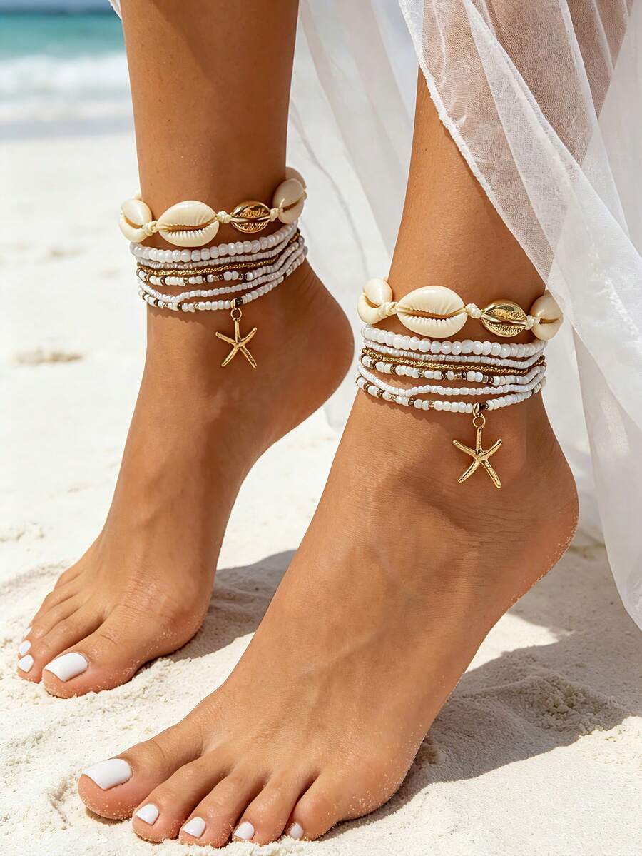14pcs Handmade Woven Beach Vacation Bohemian Style Beaded Seed Bead Anklet Set - Gold - View 1