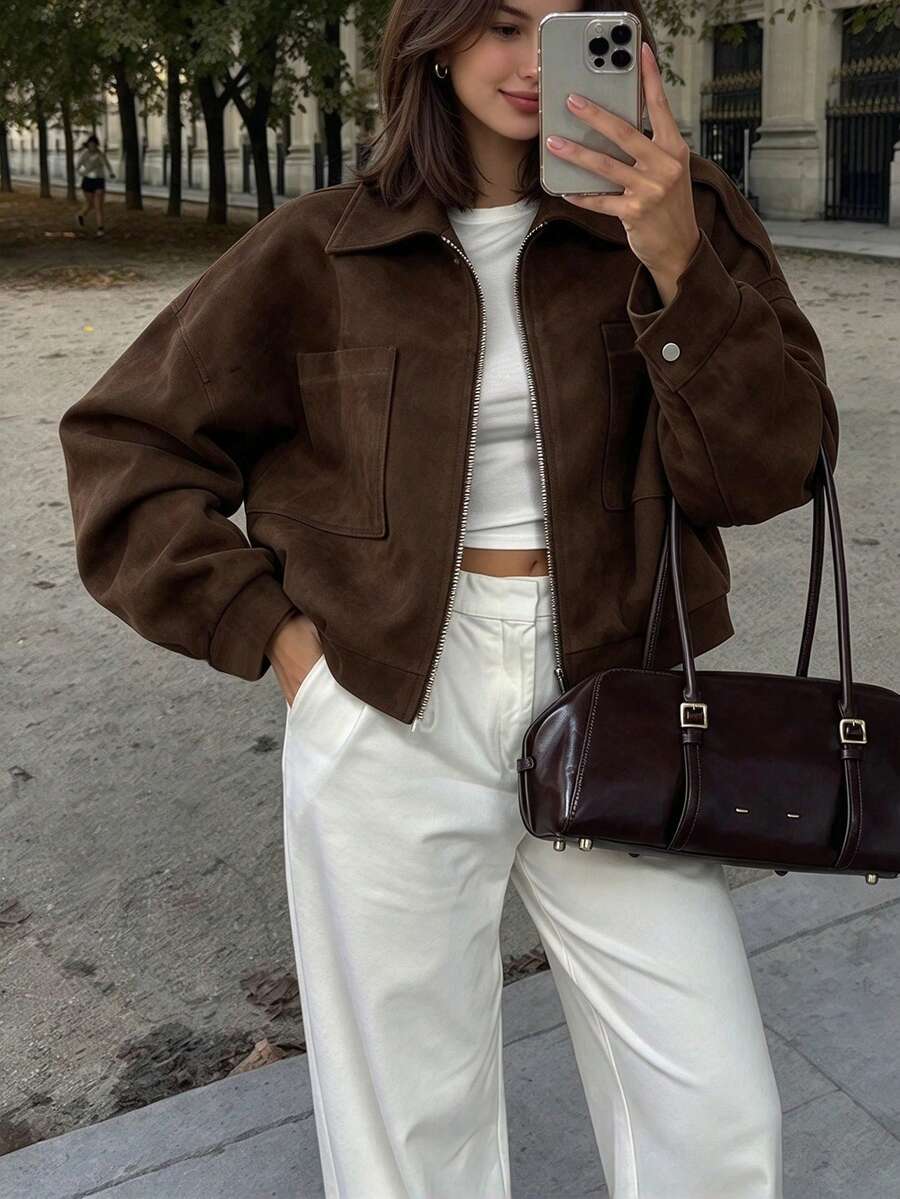 Fashionable Women's Brown Polyester Short Jacket, Velvet-Like Touch, Collar And Zipper Closure, Suitable For Autumn - Brown - View 1