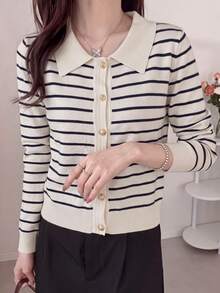 Women's Autumn/Winter Korean Style Long Sleeve Contrast Color Lapel Knit Single-Breasted Fitted Cardigan, Casual Holiday Outing Shopping Outfit - Black Apricot Stripes - View 4