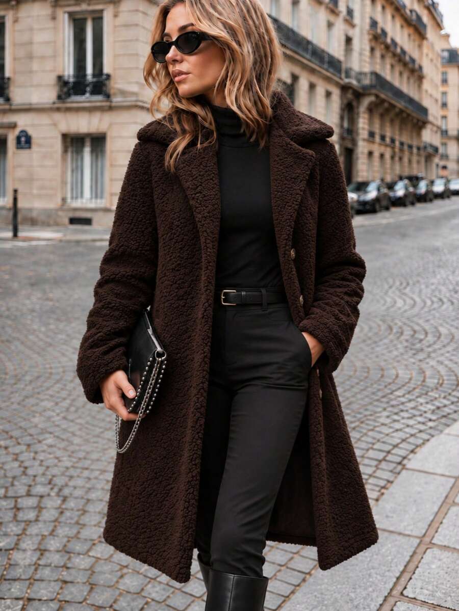 Women's Plush Button-Front Coat - Brown - View 1