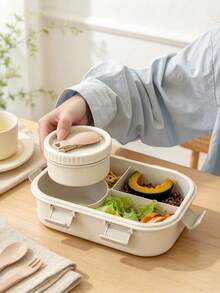 1pc Bento Box - Beige - With Utensils, Adult Lunch Box Microwave , 3 Compartment Food Storage Container, With Soup Cup, Insulated Lunch Bag, Leak-Proof Lunch Bento Box - Multicolor - View 8