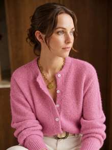 Women's Moroccan Wool-Like Round Neck Knitted Cardigan, French Slouchy Loose Fit Autumn/Winter Outerwear Fall Pink - Pink - View 1
