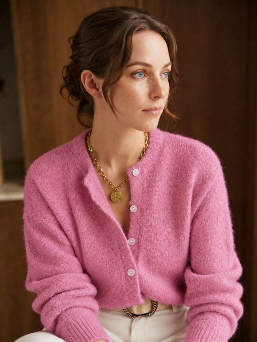 Women's Moroccan Wool-Like Round Neck Knitted Cardigan, French Slouchy Loose Fit Autumn/Winter Outerwear Fall Pink - Pink - View 1