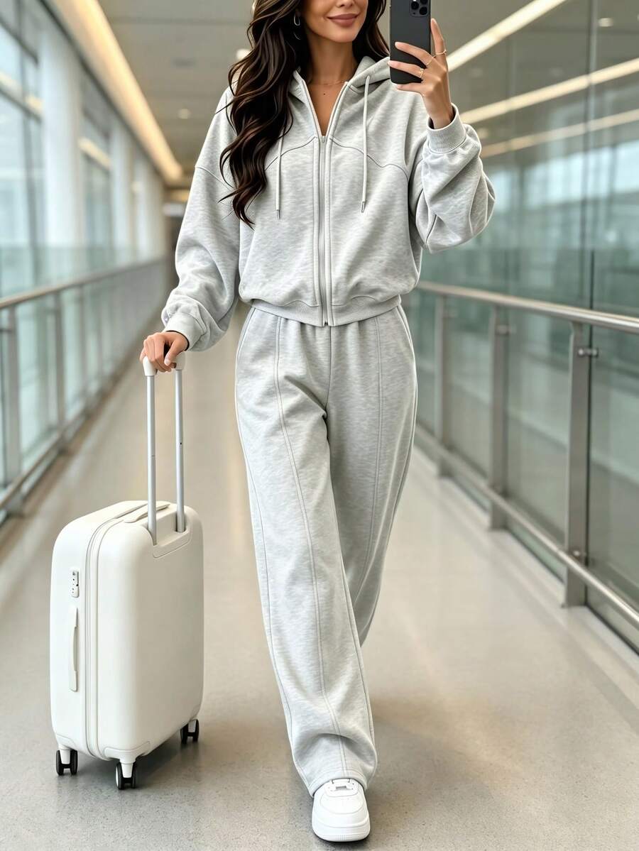 Women's Casual Grey Full Zip Hoodie And Matching Sweatpants Set, 2 Pieces Sportswear, Suitable For Daily Wear, Fabric With Slight Stretch - Grey - View 1