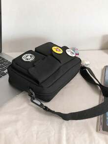 Small Square Black Release Buckle Crossbody Chest Bag Shoulder Bag Storage Pouch; Suitable For School Travel College Students Men's Essential Daily Use (Buy Bag Get Badge, Badge Color Random) No Astronaut Pendant - Black - View 4