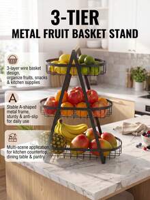 Super life A 2/3-Tier Metal Fruit Basket With A Wooden Handle-A Multi-Level Countertop Organizer For Fruits And Vegetables, Or A Farmhouse-Style Rack For Bread And Snacks, Perfect For Kitchen Countertops. - Black - View 2
