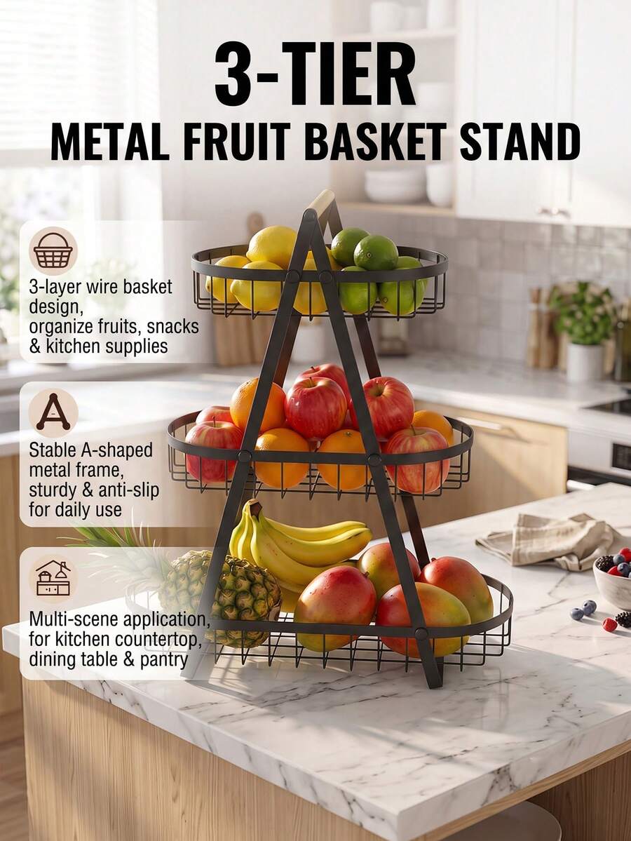 Super life A 2/3-Tier Metal Fruit Basket With A Wooden Handle-A Multi-Level Countertop Organizer For Fruits And Vegetables, Or A Farmhouse-Style Rack For Bread And Snacks, Perfect For Kitchen Countertops.