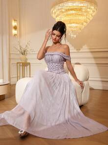 Elegant Women's Light Purple, Heavy Beaded Embroidery, Off-Shoulder Long Evening Dress - Mauve Purple - View 8