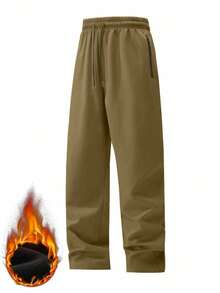 Quần nam ống đứng lót nhung mùa đông, cạp chun dây rút, túi khóa kéo, quần thường ngày phong cách casual, quần làm việc ngoài trời - Màu Khaki - Xem 2