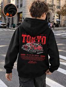 1pc Tween Boy Thermal Lined Thick Warm Sweatshirt, Young Student Clothing, Suitable Autumn/Winter Long Sleeve Top - Black - View 3