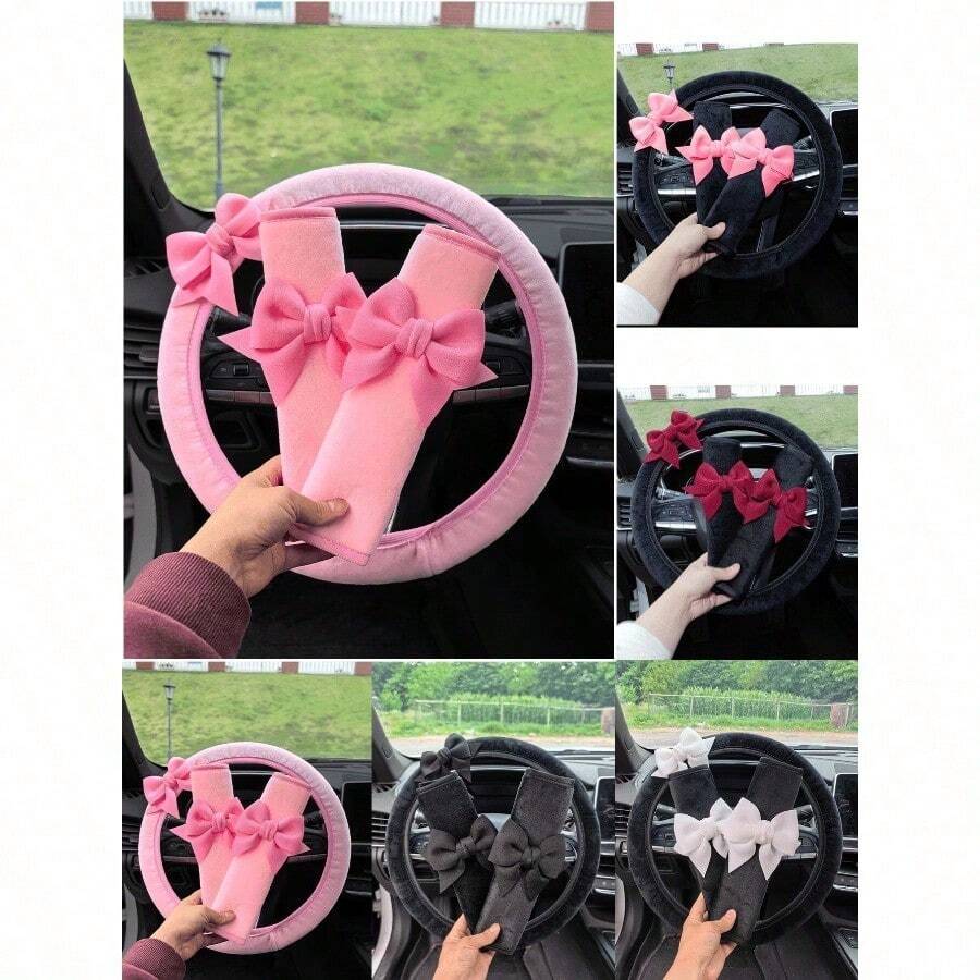 Car Interior Bowknot Steering Wheel Cover & Seat Belt Shoulder Pad Set - Wear-Resistant Protective Cover - All Season - Bow - View 1