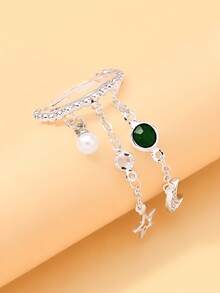 outingfit 1pc New Multi-Layer Tassel Emerald Crystal Star & Moon Pendant Ring, Versatile European & American Style Minimalist Tassel Ring For Women, Premium Design - Silver - View 3