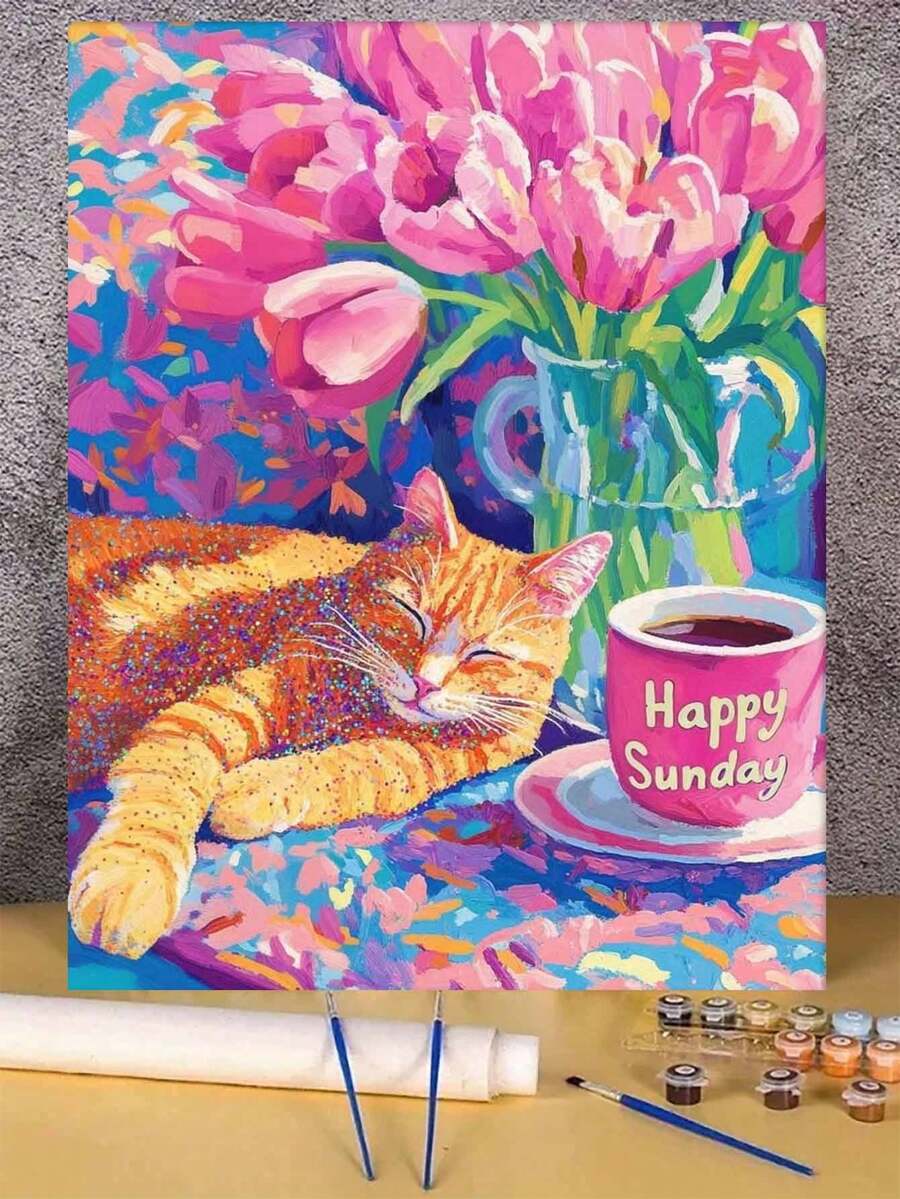 1pc A Resting Cat DIY Oil Painting By Numbers, Canvas Painting DIY Crafts, Adult Home Decoration, Holiday Gift.