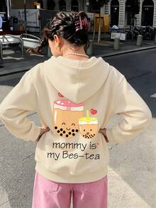 女童連帽衛衣，Mommy Is My Bes-Tea 可愛珍珠奶茶背後圖案印花，休閒長袖連帽衫，適合女孩春季秋季校園穿著 - 杏色 - 查看 8