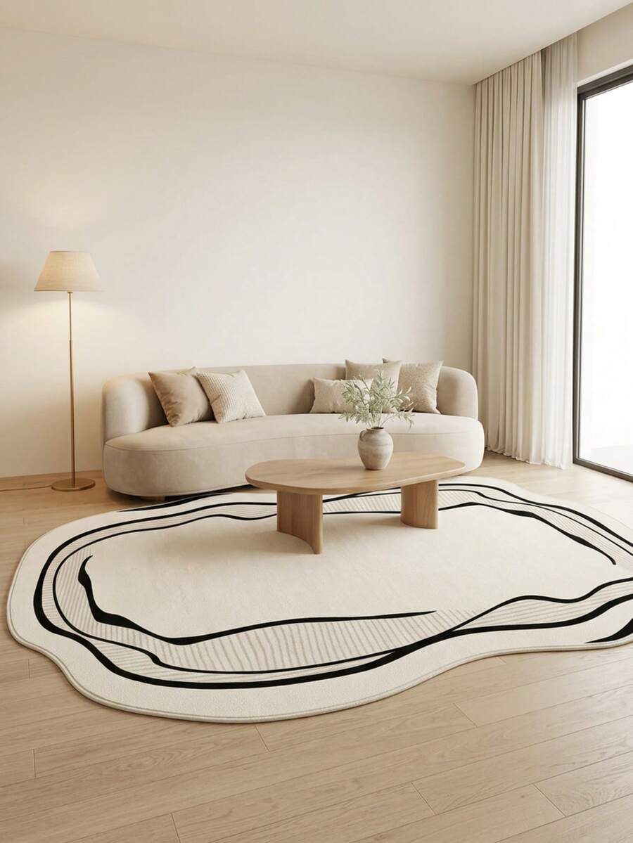 1PC Minimalist Black Line Border Pattern Coffee Table Rug, Modern Simple Cream Style Premium Versatile Faux Cashmere Asymmetrical Wavy Shape Machine Washable Area Rug, Suitable For Daily Home/Housewarming/All Seasons Large Size Floor Mat, Aesthetic Home Decor - Multicolor - View 1