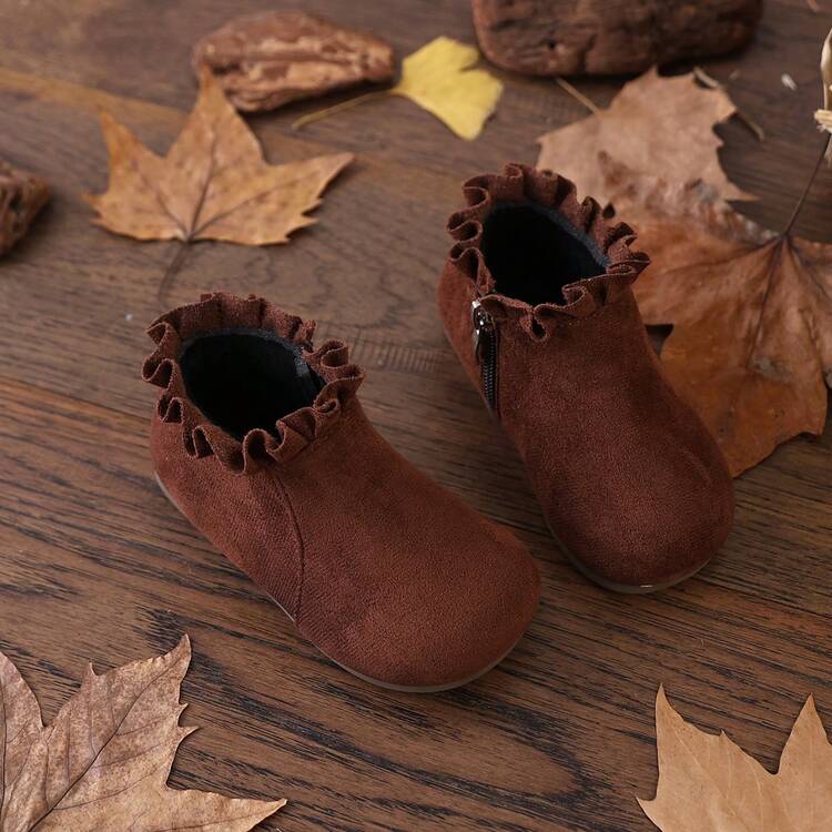 復古棕色女童短靴，側拉鍊軟底幼兒行走靴，百搭秋冬兒童短靴 - 棕色 - 查看 5