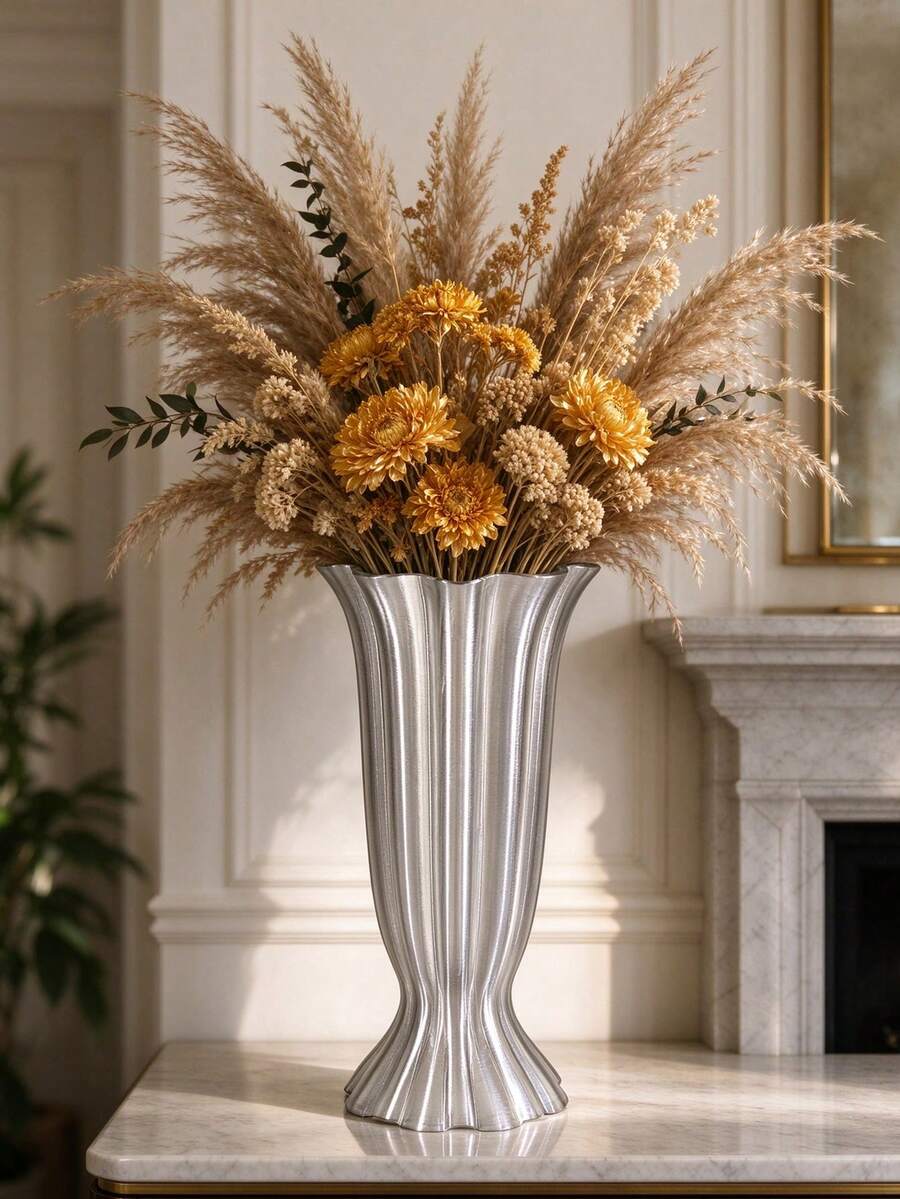 Fluted Wave Shape Flower Vase, Elegant Textured Decor Vase, Minimalist Floral Container, Suitable For Dried Pampas Grass, Fake Flowers, Table Display, Indoor, Wedding, Party Home Decoration - Multicolor - View 1