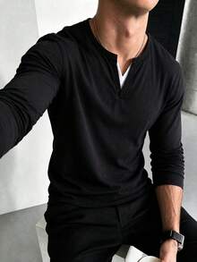 Men's Spring/Autumn Fashion Versatile Colorblock V-Neck Long Sleeve T-Shirt - Black - View 2