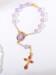 1pc Car Rearview Mirror Hanging Ornament, Crystal Beaded Car Rearview Mirror Pendant, Cross Virgin Mary Religious Style Car Interior Decoration - A - View 15