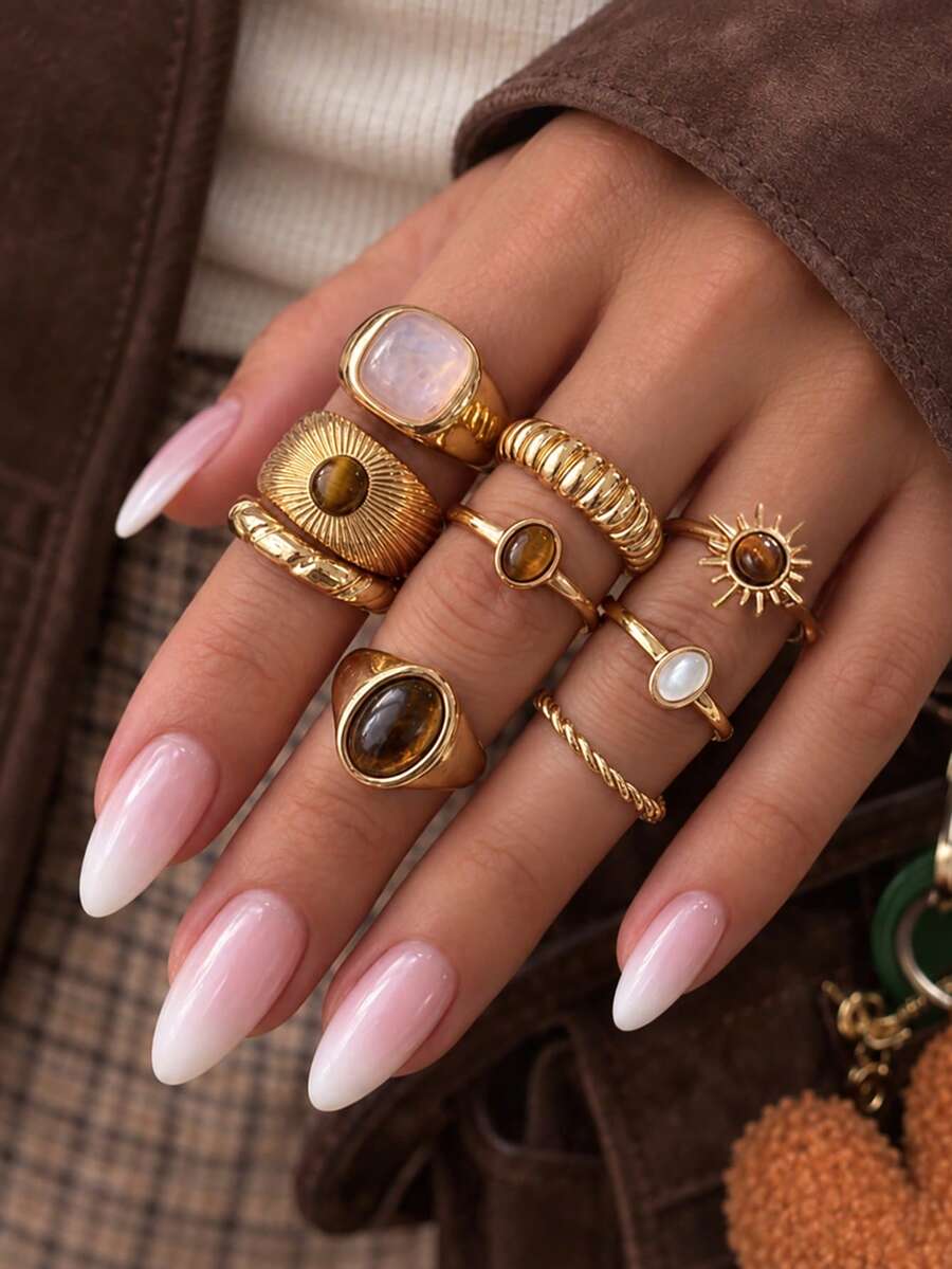 9pcs Vintage Fashion Luxury Metal Sun Gemstone Open Ring Set, Ins Style Jewelry Set, Suitable For Women's Daily Wear, Party, Vacation, Holiday Gift - Yellow Gold - View 1