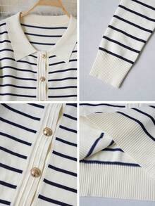 Women's Autumn/Winter Korean Style Long Sleeve Contrast Color Lapel Knit Single-Breasted Fitted Cardigan, Casual Holiday Outing Shopping Outfit - Black Apricot Stripes - View 10