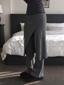 Bộ 2 món skort phong cách đường phố Hàn Quốc, len gân, casual, cài cúc, xẻ gấu, có dây buộc - Màu xám đen - Xem 2