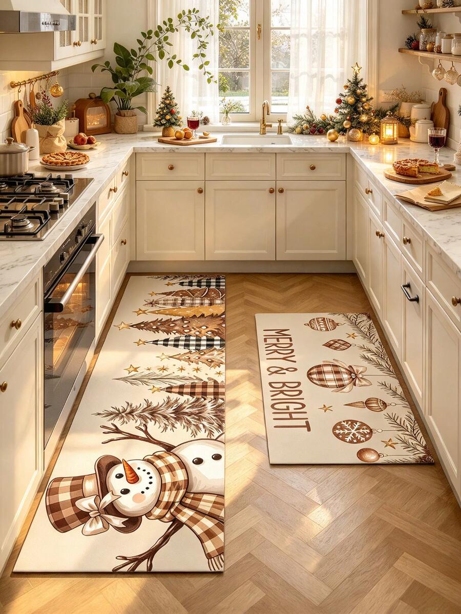 1/2pcs Christmas Kitchen Decor Rugs, Christmas Snowman & Christmas Tree Pattern Winter Kitchen Rugs And Mats, Non-Slip Washable Absorbent Kitchen Accessories Decorative Mats, Christmas Holiday Gifts! - Multicolor - View 1