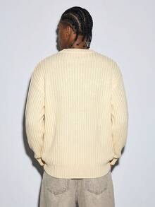 Modcrash Men's Casual Loose Solid Color Ribbed Basic Versatile Retro Commuting Cozy High-End Knit Sweater, Long Sleeve Crew Neck Pullover, Autumn/Winter - Apricot - View 2
