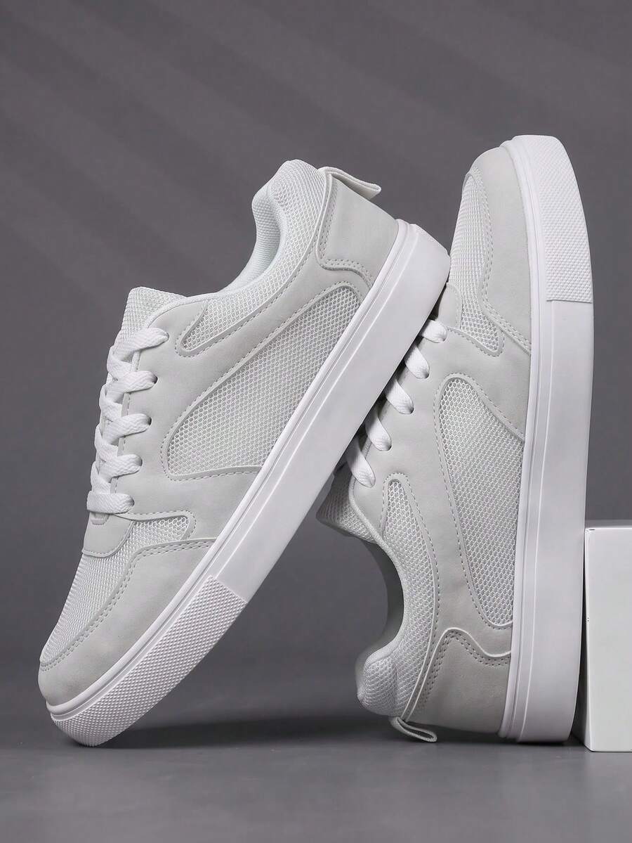 Men's Minimalist Solid Color Breathable Mesh Patchwork Casual Sports Shoes, Lace-Up Design Wear-Resistant Flat Bottom Outdoor Daily Wear Sneakers - Beige - View 1