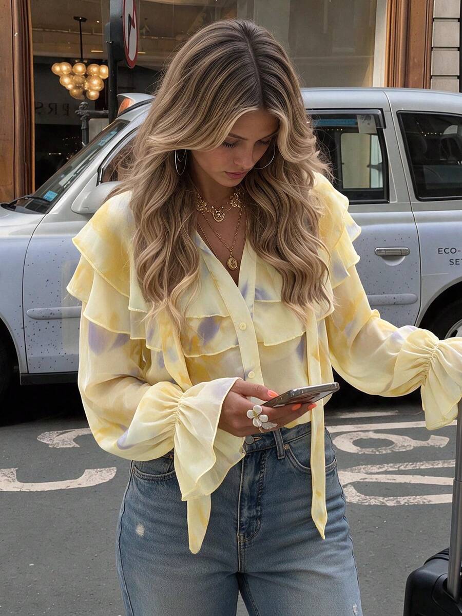 Casual Fashion Women's Shirt Elegant Ruffle Multi-Layer Floral Print Casual Blouse - Ginger - View 1