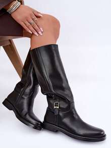 Women's PU Leather Side Zipper Casual Fashion Versatile Mid-Calf Boots - Black - View 6