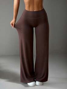 XYXYING Women's Casual Solid Color Wide Waist Flare Leggings, Folded Waist High Waist Ruched Slim Fit Base Layer Pants - Coffee Brown - View 4