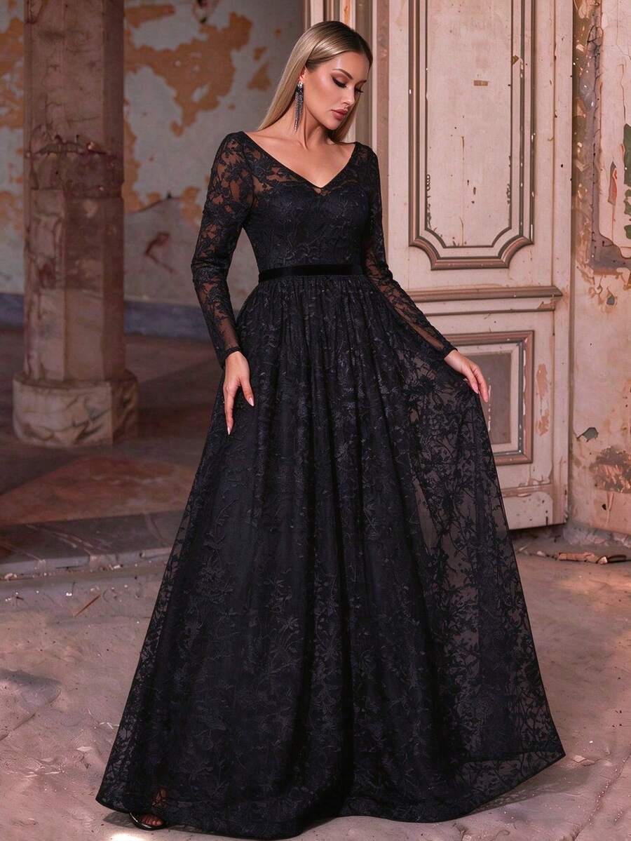 Elegant Summer/Autumn Black Semi-Sheer Square Neck Long Sleeve Embroidered Floral Lace A-Line Dress, Suitable For Wedding, Party, Ball, Festival, Birthday - Black - View 1