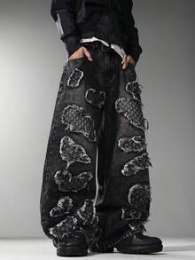 Men's Korean College Style Wide Leg Jeans, Unique Patch Embroidery, Fashion Commuter All-Season Long Pants (No Belt & Accessories Included) - Black - View 3