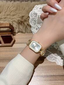 Đồng hồ nữ màu vàng thời trang với dây đeo đính đá rhinestone trắng, mặt vuông tối giản với vạch giờ, phù hợp đeo hàng ngày - Vàng - Xem 4