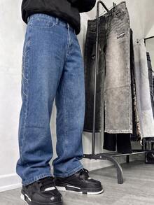 Deep Blue Washed Wide Leg Jeans, Gothic Letter Spider Web Embroidered Draped Wide Leg Men's Pants, Y2K Streetwear Fashion Denim Long Pants, All Season Distressed Denim Long Pants - Blue - View 2