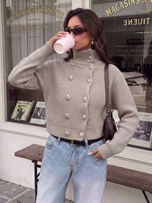 Korean Style Relaxed Slouchy Chic Versatile Vintage Double-Breasted Soft Knit Cardigan Sweater Women Autumn Winter - Khaki - View 5