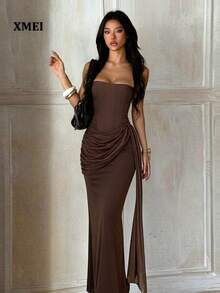1pc Solid Color Elegant Knitted Fabric Ruffle/Flounce Pleated Asymmetrical Dress Birthday Party Autumn - Brown - View 1