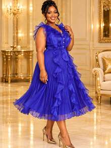 Shiny Plus Size Women Blue Pleated Flared Dress With V Neck Sleeveless Button Front Irreguared Ruffled Elegant Party Formal Midi Dresses - Blue - View 11