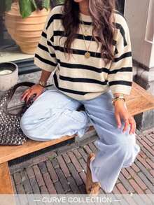 Women's New Autumn Colorblock Striped Knit Top, Casual Daily Commute Preppy Style - White Apricot Paired With Black - View 1