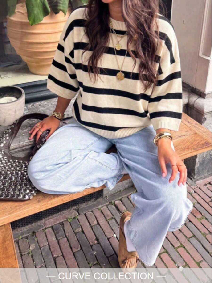 Women's New Autumn Colorblock Striped Knit Top, Casual Daily Commute Preppy Style - White Apricot Paired With Black - View 1