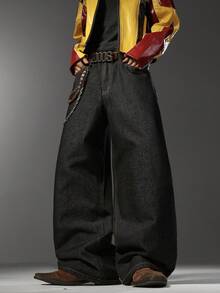 Men's Hip-Hop Style Jeans, Subtle Printed Back Panel & Exquisite Back Pocket Embroidery, Wide Leg Casual All-Season Long Pants (No Belt & Accessories) - Black - View 2
