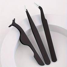 Black Stainless Steel False Eyelash Set, 3 Pieces, Includes Straight And Curved Precision Tweezers And False Eyelash Application Tool, Strong Grip, Versatile Use For Nail Art And Eyelash Extensions, Portable For Travel, Makeup Essential, Affordable, Holiday Gift, Christmas Gift - Black - View 1