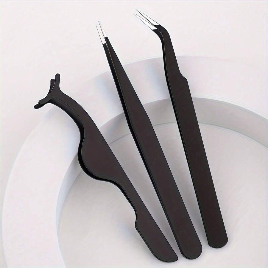 Black Stainless Steel False Eyelash Set, 3 Pieces, Includes Straight And Curved Precision Tweezers And False Eyelash Application Tool, Strong Grip, Versatile Use For Nail Art And Eyelash Extensions, Portable For Travel, Makeup Essential, Affordable, Holiday Gift, Christmas Gift - Black - View 1