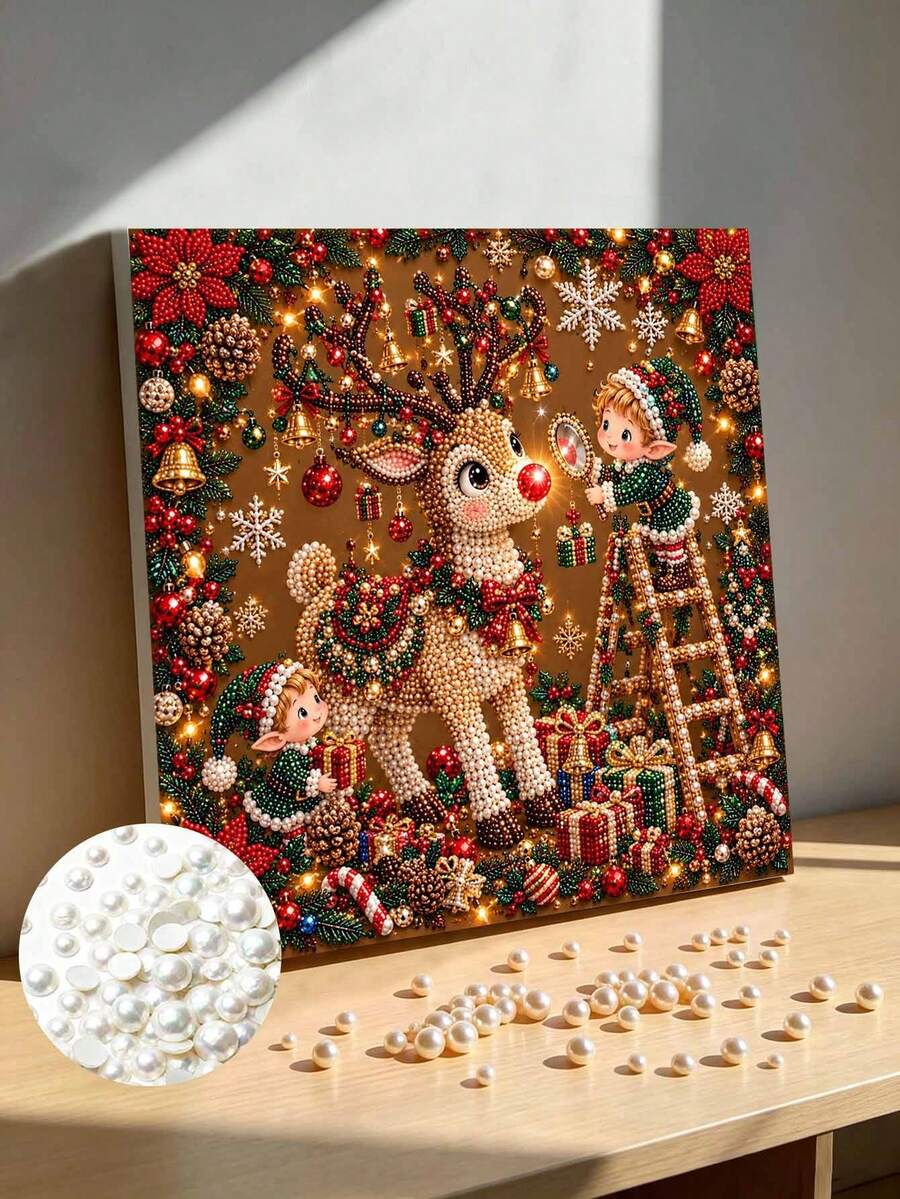 DIY Pearl Painting Kit With Frame, Christmas Elf & Red Nose Reindeer Gem Art, Handmade Xmas Home Wall Decor Gift - A - View 1