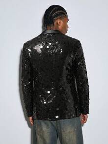 Modcrash Men's Shiny Sequin Satin Lapel Blazer, Bar Nightclub Singer Stage Performance Formal Single-Breasted Suit Jacket For Party And Banquet - Black - View 2