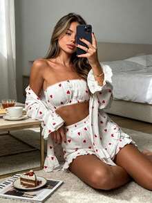 Soft Comfortable Ruffle Heart Print Valentine's Day Bandeau Top, Shorts, Jacket 3 Pieces Set - Red and White - View 5