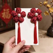 2pcs Red Flower Tassel Hair Clips, Sweet Style Hair Accessories Suitable For Daily Wear - Multicolor - View 11